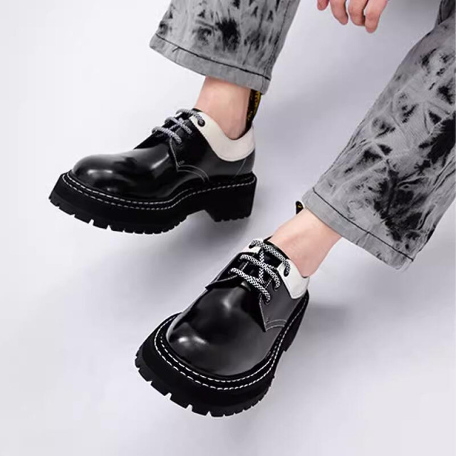 Black and white color matching shiny retro leather shoes thick sole British style derby shoes men 147002